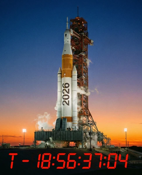 Eine Rakete mit der Aufschrift 2026 steht am Start, und der Countdown läuft.
