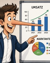 Karikatur: Ein Mann mit überlanger Nase präsentiert Erfolgszahlen