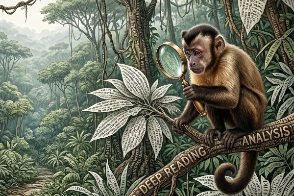 Ein Affe mit einer Lupe sitzt in einem Urwald aus Text