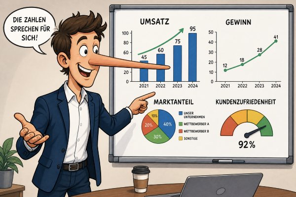 Karikatur: Ein Mann mit überlanger Nase präsentiert Erfolgszahlen